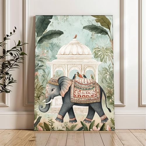 Image of PAINTINGMANTRA Classic Indian art Of Elephant in Mughal Garden | Canvas Painting Stretched on Wood | Suits For Living Room, Bedroom, Hallways (16x22 Inch)