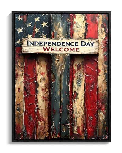 Image of American Flag Framed Canvas Wall Art, Independence Day Welcome Sign Canvas Prints, USA Flag Wood Texture Patriotic Decorations, 4th of July Red White Blue Wall Decor for Bedroom Living Room 24x36