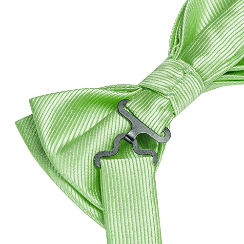 Image of Hi-Tie Bow Ties for Men Baby Green Striped Handkerchief Lapel Pin Cufflinks Mens Bowtie Sets for Wedding Formal Party