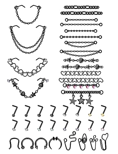 ZELORES 20G Nose Rings Studs with Chains African Nose Ring Cuff Horseshoe Septum Rings Stainless Steel Star Heart Nose Ring Chain Piercing Jewelry Set for Women Men (Black)