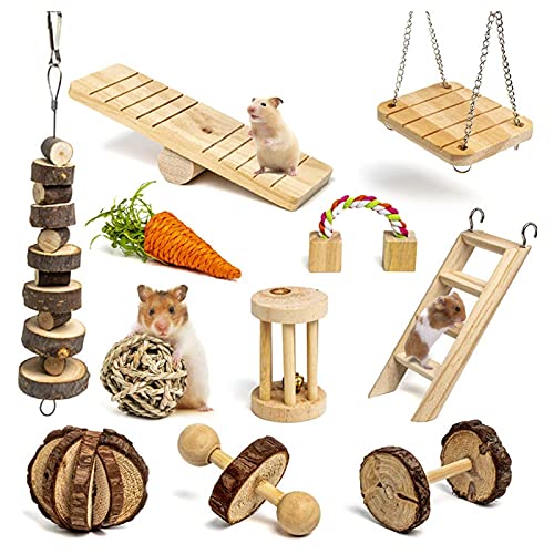 SUNCN 11 点セットドワーフ ハムスター ハウス DIY 木製 隠れ家 おもちゃ レインボーブリッジ ブランコとシーソー ペットスポーツ エクササイズトイセット