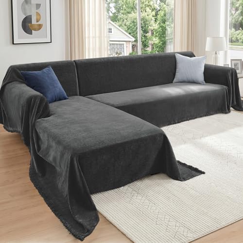 CAPALOCA Sectional Couch Covers, 2 Pieces Chenille Sofa Cover L Shaped Couch Cover Blanket for Dogs Washable Sofa Slipcovers Pet Furniture Protector (XXX-Large: 71" x 118" + 91" x 134", Graphite Gray)