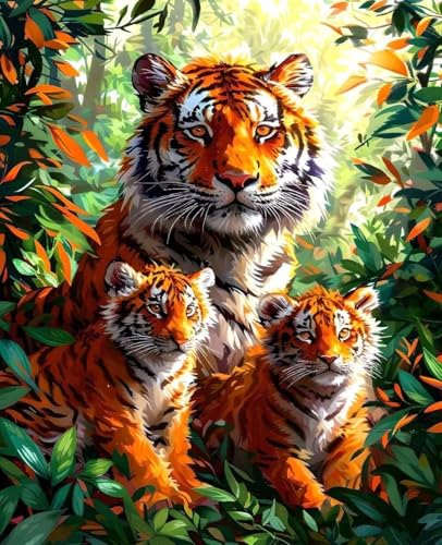 数字油絵 動物 数字キットによる絵画 虎 Paint by Numbers DIYペイント 大人の 初心者 子供用 簡単に塗れる アクリル水彩絵の具 手芸 画材 手工芸 キット 3つのペイントブラシと1つのセットのアクリル顔料を使用 ホーム オフィス装飾