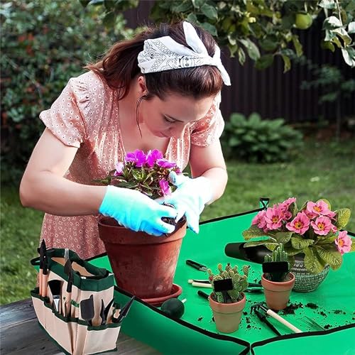 Image of Gardening Mat for Plant Transplanting and Mess Control Thickened Waterproof Potting Tray Succulent Potting Mat Portable Gardening Mat Plant Gifts for Women Men, (Green, 75x75 cm)
