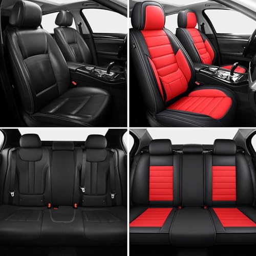 Image of MINGBRON Car Seat Covers Full Set,Black White Car Seat Cover, Car Seat Protector Waterproof, Nappa Leather Car Seat Cushion Fit for Most Cars Red