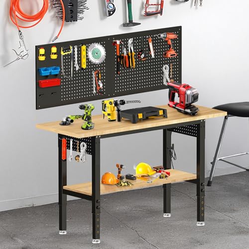 Image of 60 inch Adjustable Height Workbench Work Bench for Garage Work Table with Under Table Shelf Heavy Duty Rubber Wood Top for Shop Woodworking, Office, Home, Commercial