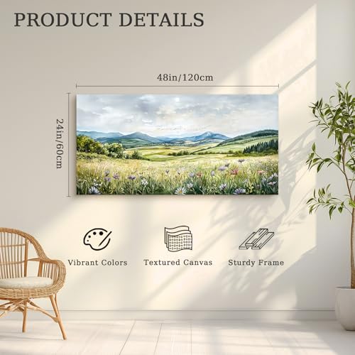 crmotu Landscape Wall Art, Nature Wall Art, Large Wall Decor, Wilderness Green Scenic Art Prints, Hillside Meadow Canvas Paintings for Living Room Bedroom Hallway Home Decorations 24x48inch