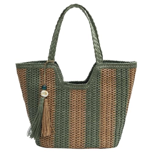 UKETO Bolsa de playa de paja a rayas, bolsa de vacaciones grande tejida con borla para mujer, trabajo, viajes, vacaciones (verde), Green, 470.00x280.00x150.00mm