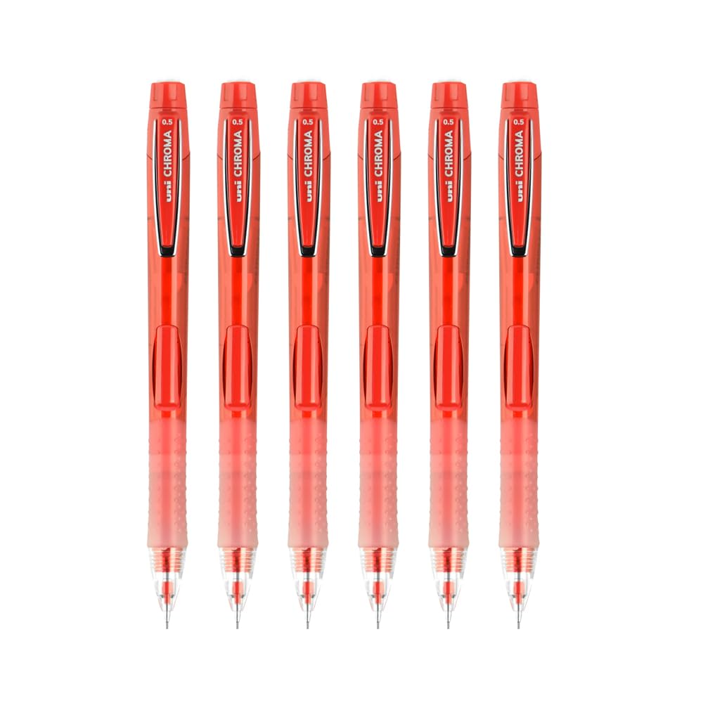 Uniball CHROMA 0.5mm Refillable Mechanical Pencils with Eraser, Contoured Cushion Grip, Auto Advancing Lead, Red Barrel, 6 Count