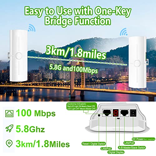 100Mbps Long Range Wireless Bridge, Wireless Outdoor Cpe Wifi Bridge Point To Point Wireless Access Point 5.8G Internet Bridge Wifi Extender 3Km Transmission Distance For Ptp/Ptmp(Pre-Program) 2-Pack #TOP1