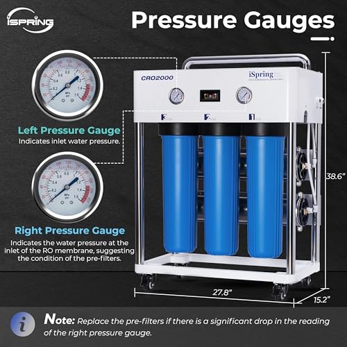 Image of iSpring CRO2000 4-Stage Tankless Commercial Reverse Osmosis Drinking Water Filtration System w /Dual Pumps, Pressure Gauges, and Freestanding Stainless Steel Bracket, 2000 GPD