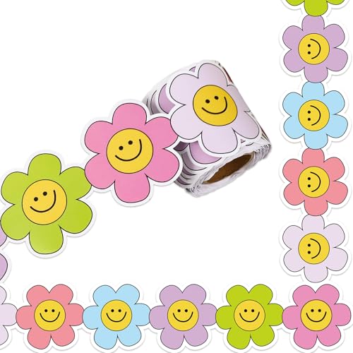 Whaline 32.8ft Smile Daisy Bulletin Board Borders Pink Purple Blue Green Daisy Flower Die-Cut Border Trim for Chalkboard Wall Decoration