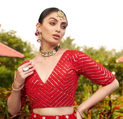 Pujia Mills Womens Fancy Readymade Ethnic wear Half Sleeve Sequins Saree Blouse sabyasachi Blouse for Women Saree and Lehenga Choli Bridal Blouse