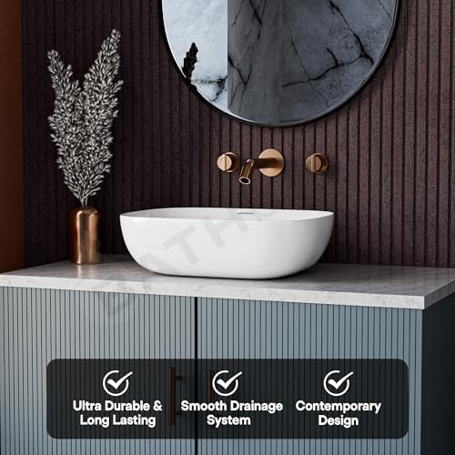 Image of Table Top Ceramic Wash Basin For Bathroom | Rectangular Counter Top Bathroom Sink, Premium Glossy White Above Counter Vanity Basin, Modern Design (18 x 13 x 5 Inch)