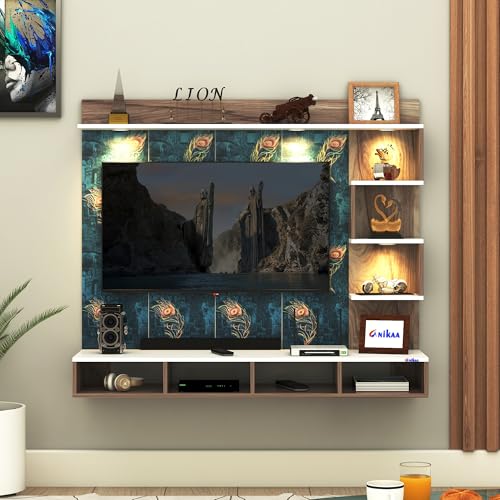 Image of Anikaa Laura Engineered Wood Wall-Mount TV Unit with Printed PVC Back Panel & LED Lights | TV Cabinet with Storage Box & Decorative Shelves (Coachwood /White) for TVs up to 43 Inch | DIY Installation