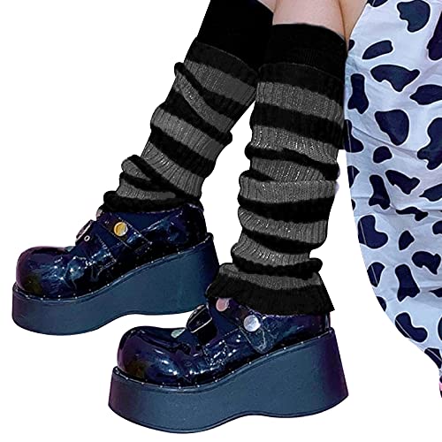 Dazzerake Calentadores de Piernas para Niñas Calentadores de Piernas a Rayas de Punto de Tubo Largo para Niñas en Primavera Otoño Invierno Moda Cálido Cómodo (Negro Gris, Talla Única) Cover