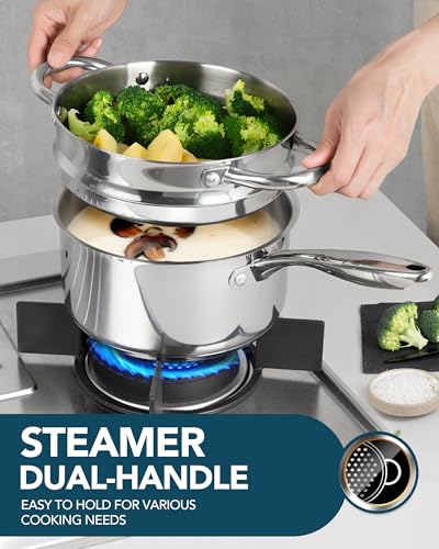 Image of MICHELANGELO 1.5 Quart Saucepan with Steamer, Stainless Steel Saucepan with Lid, Triply Bottom Induction Compatible, Multipurpose Sauce Pot, Dishwasher Safe