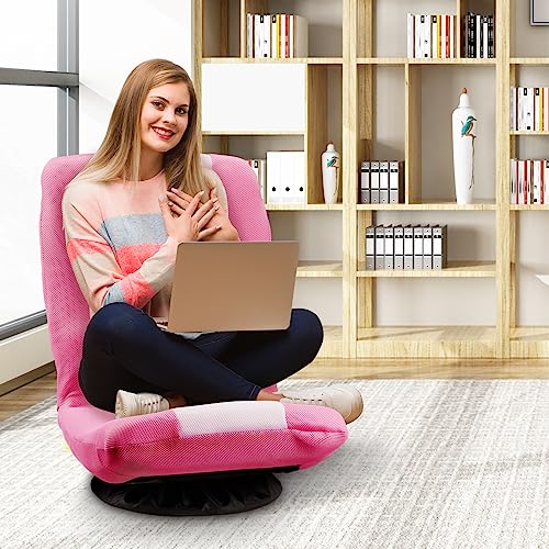 Buymoth Swivel Floor Gaming Chair, Folding Video Reclining Sofa w/6 Adjustable Position, Padded Backrest & Cushion, Lazy Lounger Couch for E-Sports, Reading, Relaxing, Watching TV, Pink