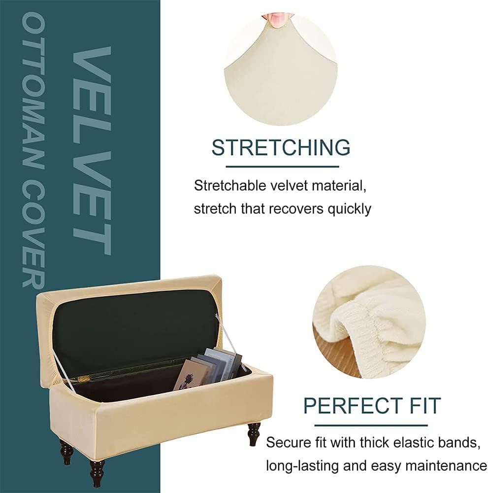 Velvet Storage Ottoman Cover Stretch Rectangle Ottoman Bench Slipcover Folding Storage Bench Ottoman Cover Footrest Slipcover Footstool Furniture Protector With Elastic Band ( Color : Beige , Size : M