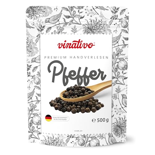 vinativo Schwarzer Pfeffer - ganz - 500g - Premium Qualität - schwarze Pfefferkörner für die Mühle geeignet