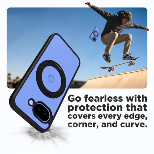 Image of RIGGEAR Shockproof Sleek Hybrid Armor 360 Rotating Magnetic Ring Stand Back Cover Case Compatible with MagSafe Accessories for Google Pixel 10a (Clear PC + Black TPU Bumper)