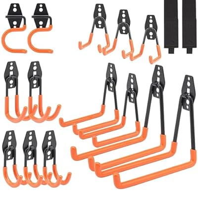 Dorisy Upgraded 16 Packs Garage Hooks Utility Double Heavy Duty with Mop Broom Holders, Wall Mount Hooks, Garage Storage Organization and Tool Hangers for Power ? Garden Tools, Ladders, Bikes(Orange)