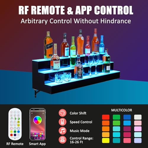 Led Lighted Liquor Bottle Display Shelf, Suspension Type, 3 Layer 30 Inch, Remote & App Control, Acrylic with Wine Holder Slots, Multi Functional Wine Rack