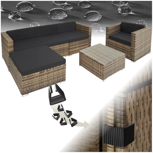 tectake® Ensemble Salon de Jardin Exterieur en Poly Rotin 5 Places 1 Canapé 1 Fauteuil Salon 1 Tabouret Pouf et 1 Table de Jardin, Facile d'entretien,...