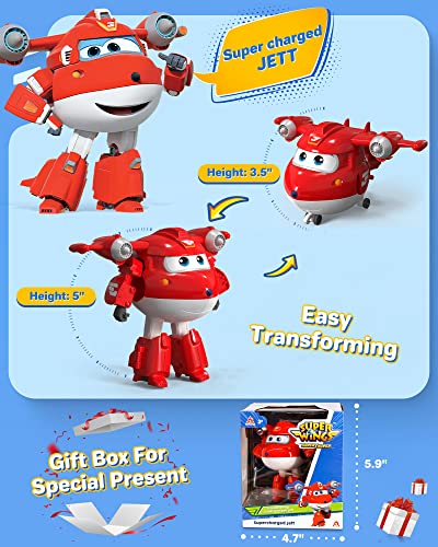Super Wings 5" Transforming Supercharged Jett Airplane Toys, Action Figure, Airplane To Robot, Season 4 Transformer Toys, Gifts For 3+ Year Old Kids, Toys Plane Vehicle For Preschool Kids Play #TOP3
