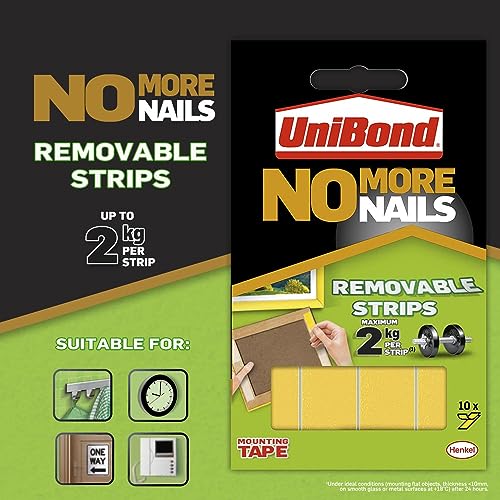 Image of Unibond No More Nails,Translucent & Removable Adhesive Strips, Double Sided, For Hanging Photo Frames, Hooks, Car Number Plate, Up To 2Kg, DIY, Fast & Easy Mounting Pack Of 10, 9.5 Cm, Multicolour