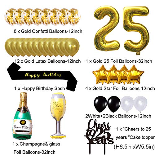 Gold 25Th Birthday Decorations Kit- Cheers To 25 Years Banner Balloons And Cake Topper, Happy Birthday Sash, Gold Tinsel Foil Fringe Curtains, For Birthday&Anniversary Decorations #TOP1