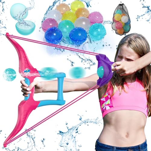 HYES Water Balloon Launcher Slingshot with 12 Reusable Water Balloons, 1 Storage Bag, Water Balloons Quick Fill for Kids Girls Teens Adults, Summer Gift Toys Games for Outdoor Fun, Pink