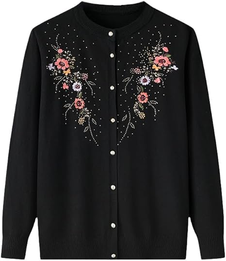 Cardigan Lungo Lavorato A Maglia Per Donna Anziana – Ricamo Floreale, Scollo A V, Morbido E Caldo, Primavera/Autunno, Taglie Forti
