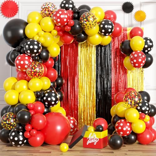 Image of Red Yellow Black Balloon Garland Arch Kit Birthday Party Decorations, Cartoon Themed Foil Fringe Curtains Backdrop Tinsel Streamer Photo Booth Props for Christmas New Years Party Decor Supplies