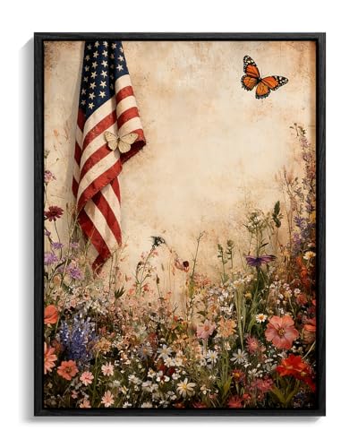 Image of American Flag Framed Canvas Wall Art, 4th of July Canvas Prints, Wildflower Field with Butterfly Patriotic Decorations, Rustic Farmhouse Independence Day Wall Decor for Bedroom Living Room 8x10