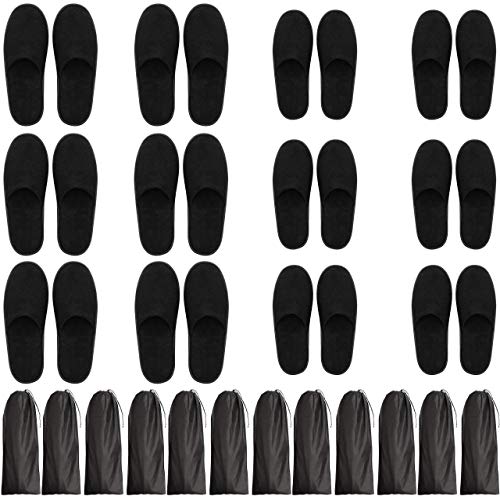 Bizarre.ly Zwarte Zachte Spa Slippers met Tasje (12 Paar) - Gesloten Teen Wasbaar Herbruikbaar Slippers – Twee Maten (S,L) Past Mannen & Vrouwen – Voor Badkamer, Gasten, Reizen, Huis, Huwelik & Hotel