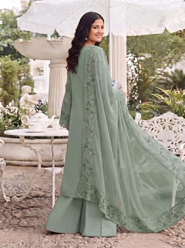 Image of RUDRAPRAYAG Women's Georgette Fabric Wih Embroidered Sequence Work And On Neck Moti Hand Work Semi Stitched Sharara Salwar Suit With Dupatta Set
