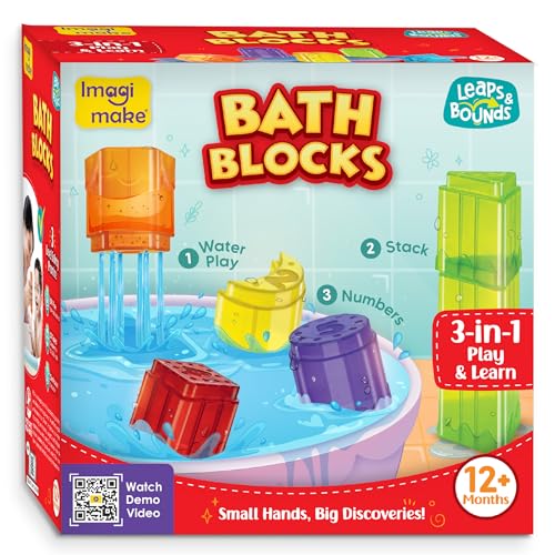 Image of Imagimake Bath Blocks Baby Toys | Leaps & Bounds Bath Toys for Toddlers 12+ Months | Educational Toy for Toddlers, Infants |3-in-1 Play & Learn-Strain, Stack & Learn Numbers| Gift for Kids 1+Year Old