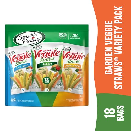 Sensible Portions Veggie Straws Multipack, Sea Salt, Zesty Ranch and Cheddar Cheese Flavour, Gluten Free Chips, Single Snacks, 7.8oz Bag, 18 Count