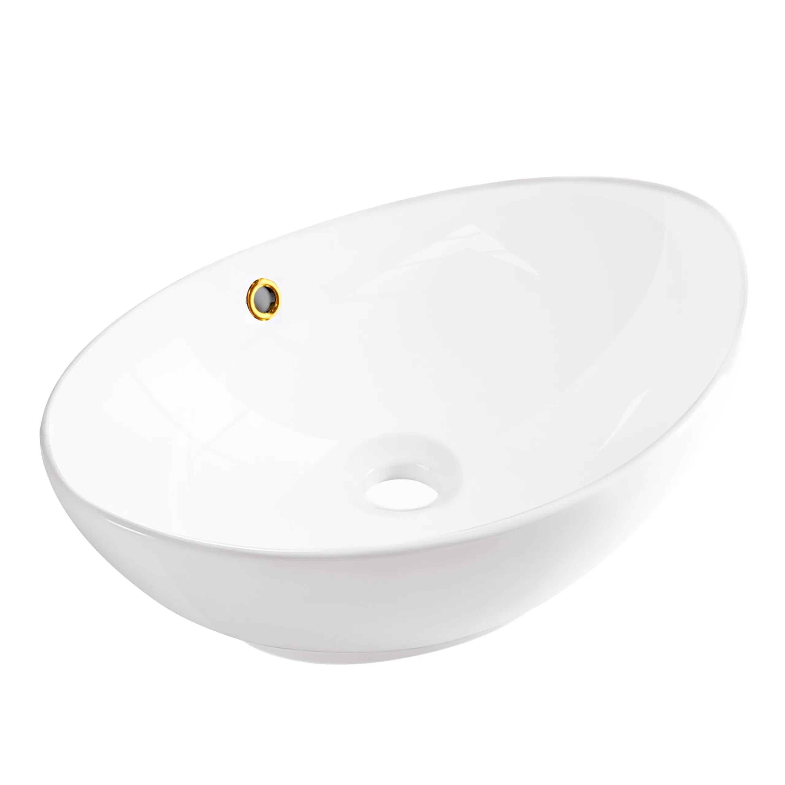 AQUAUNO Lavabo da appoggio MAYA, 59 x 39 cm, ovale, in ceramica bianca, senza foro per rubinetto, con troppopieno, oro, sanitari bagno