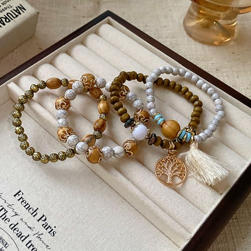 SHUBEIEUMI Boho Holzperlen Armband, 4 Stück Boho Quaste Armband für Damen, Frauen Baum des Lebens Charm Statement Armreifen, Kristall Perle