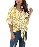 VIISHOW Womens Floral V Neck Tie Knot Front Blouses Bat Wing Short Sleeve Chiffon Tops Shirts(Yellow Leaf,XX-Large)