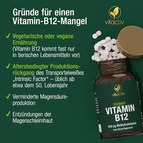 VITACTIV Vitamin B12 Tabletten Hochdosiert - 180 Stk für 180 Tage - Bioaktives Methylcolabamin, Vitamin B12 500µg - Hohe Bioverfügbarkeit, Vegan, kein Magnesiumstearat, Laborgeprüft in Deutschland