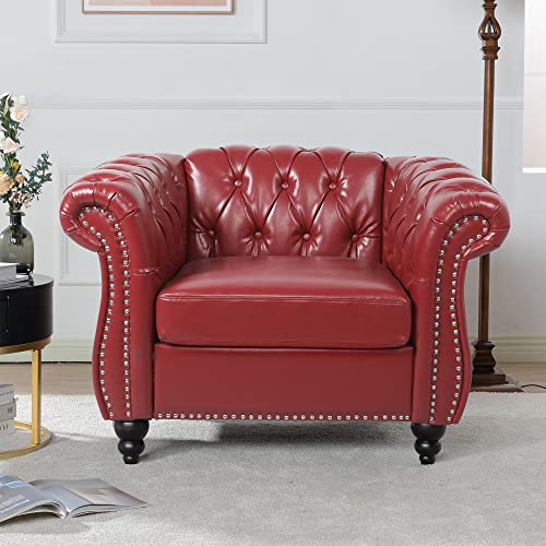 Image of LEVNARY Leather Upholstered Armchair, Mid-Century Modern Single Sofa Chair with Rolled Arms and Nailhead, Tufted Pu Leather Chesterfield Chair for Home Bedroom Reading Room (Wine Red)