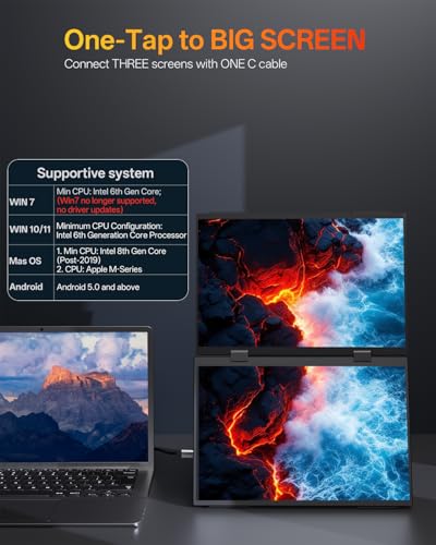 Image of DEPGI 14 inch Dual Portable Laptop Screen Extender, Stacked Dual Portable Monitor for 13 inch-16 inch Laptops, Foldable Triple Screen with 30W PD Adapter, USB-C One-Cable Plug & Play for MacBook, Windows