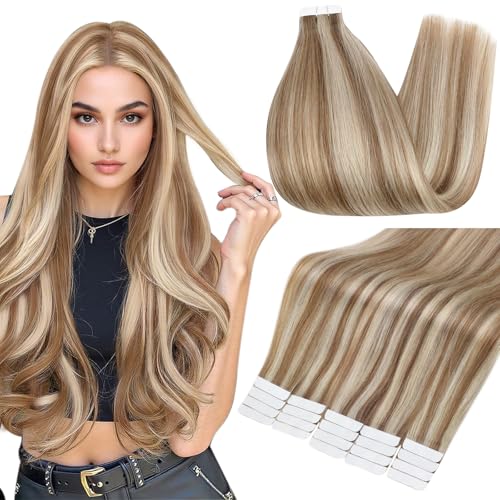 Image of Full Shine Tape Ins Human Hair Extensions, Honey Blonde Mix 18 Inch | 50g 20PCS, Brazilian Human Hair Tape in Extensions, Invisible Seamless Wedding Styling Natural Blend Aesthetic Appeal