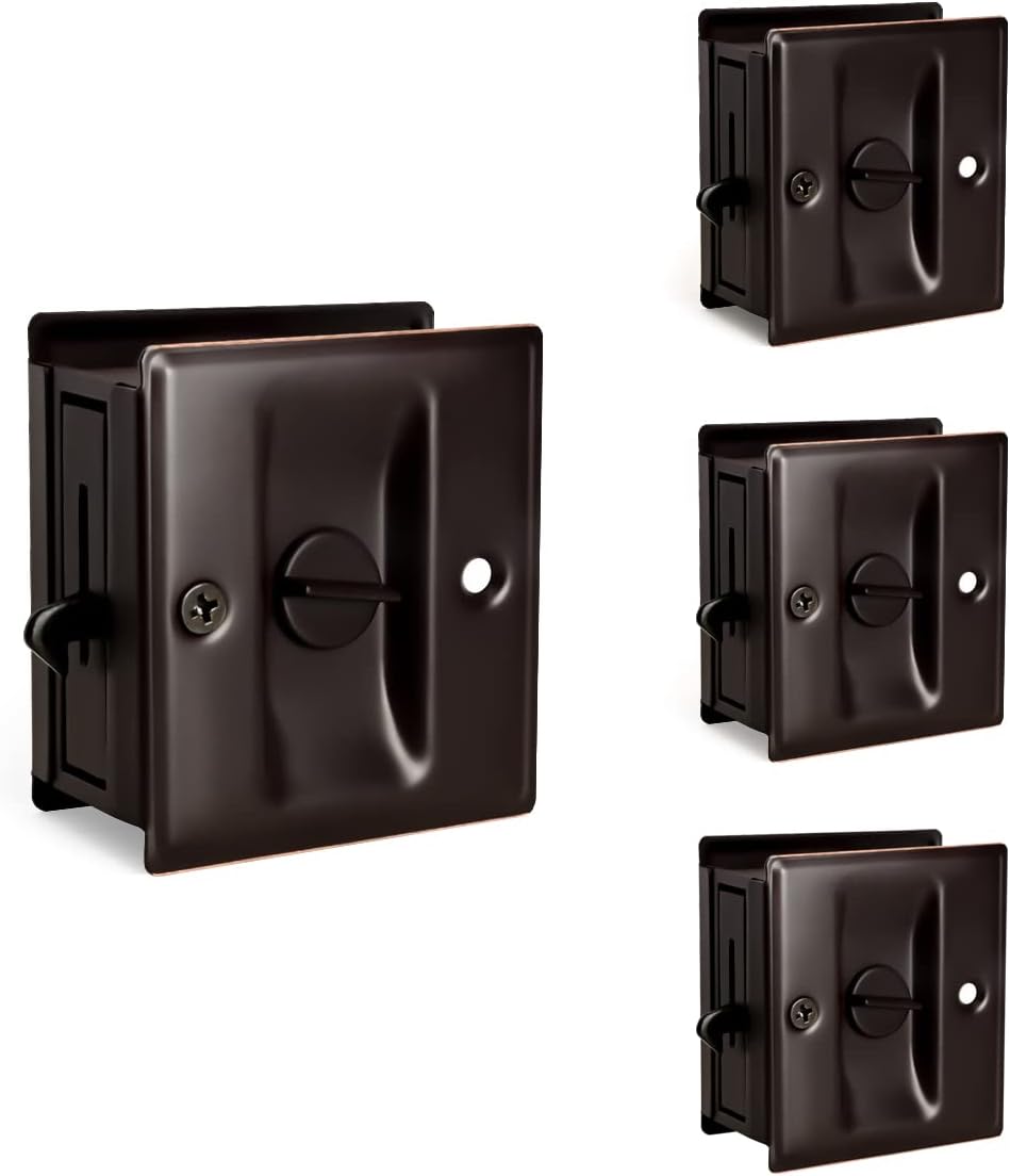 HOMOTEK 4 Pack Privacy Pocket Door Lock Hardware with Pull Pocket & Bi-Fold Door Hardware- Replace Old Or Damaged Sliding Door Locks, 2-3/4”x2-1/2”, for 1-3/8” Thickness Door, Oil Rubbed Bronze