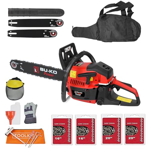 BU-KO - Motosierra a gasolina de 65 cc, 3,89 CV, barra de 50 cm con 2 cadenas y barra de 40 cm con 2 cadenas, bolsa cobertora y equipo de seguridad completo - 1 años de garantía