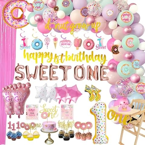 BIUBIU Cute Donut Theme Sweet One 1st Birthday Party Decorations, Sweet One Decorations, Sweet One Birthday, Sweet One Letter, Donut Grow Up Banner, Cake Topper, Fancy Favor Idea Pack Cover