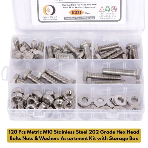 Image of Metric M10 Stainless Steel 202 Grade Hex Head Bolts Nuts & Washers Assortment Kit with Storage Box - 120 Pieces